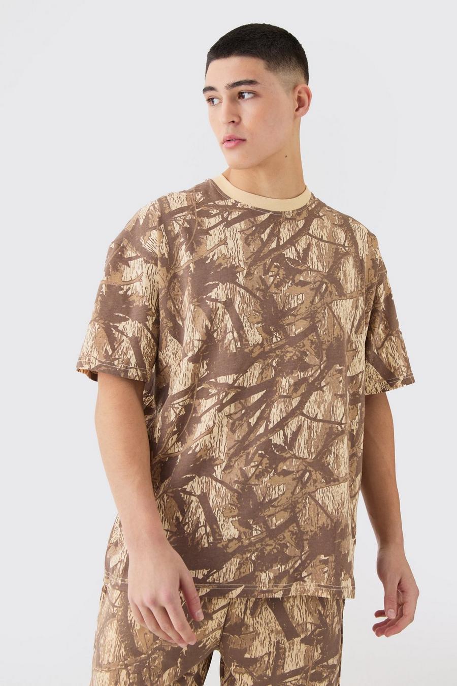 T-shirt oversize in fantasia militare con stampa Forest, Grey image number 1