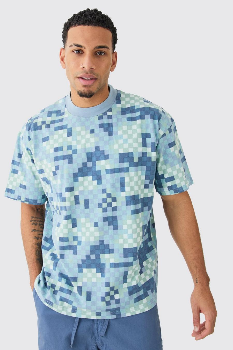 T-shirt pesante oversize in fantasia militare con pixel e girocollo esteso, Blue
