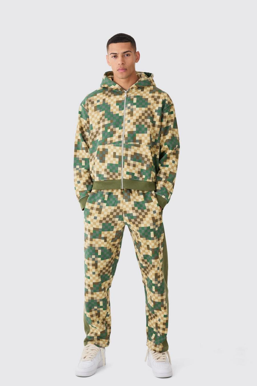 Kastiger Oversize Camouflage Hoodie-Trainingsanzug mit Reißverschluss, Khaki image number 1