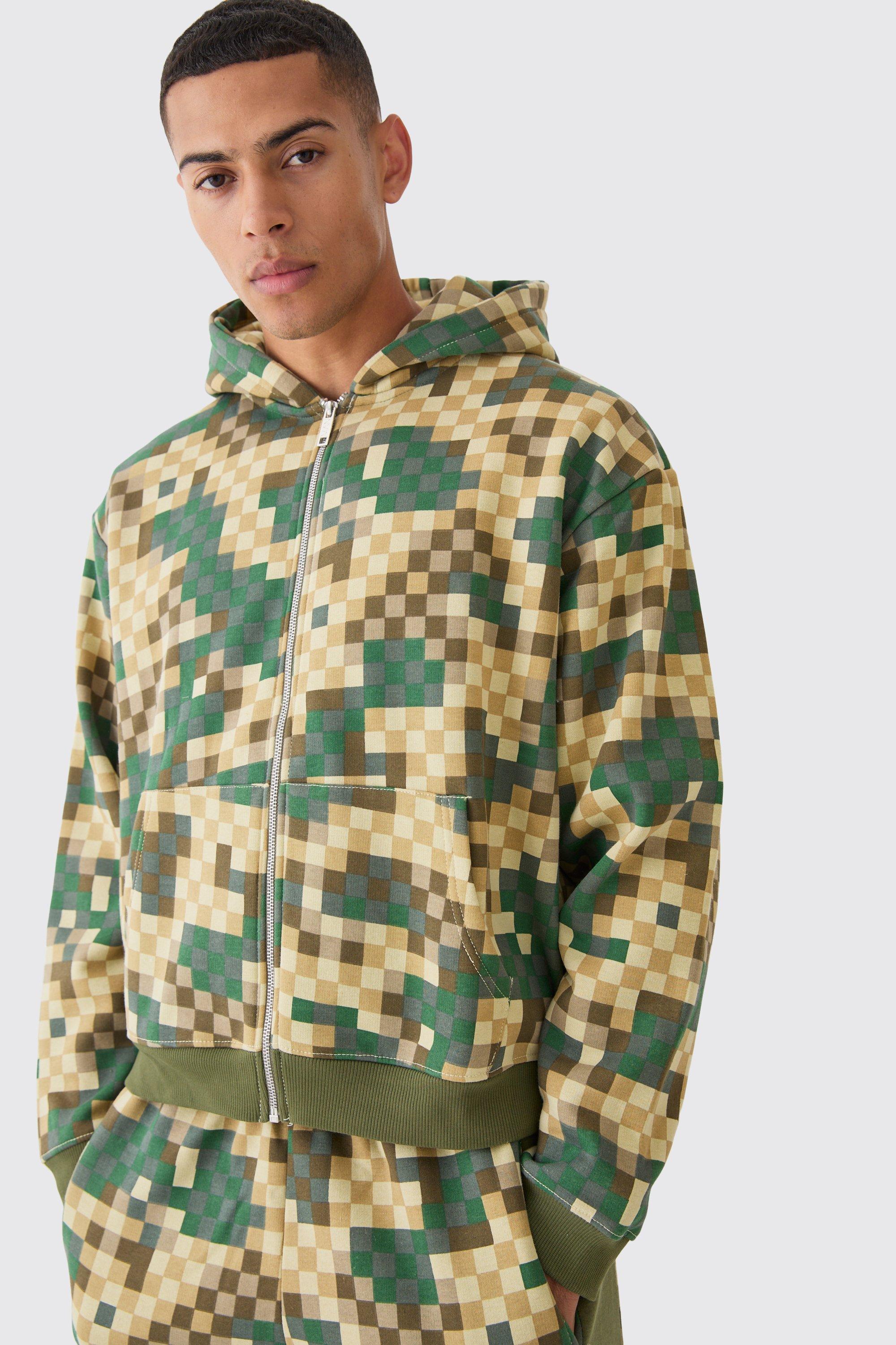 Khaki Camo Print Oversized Zip Up Hoodie