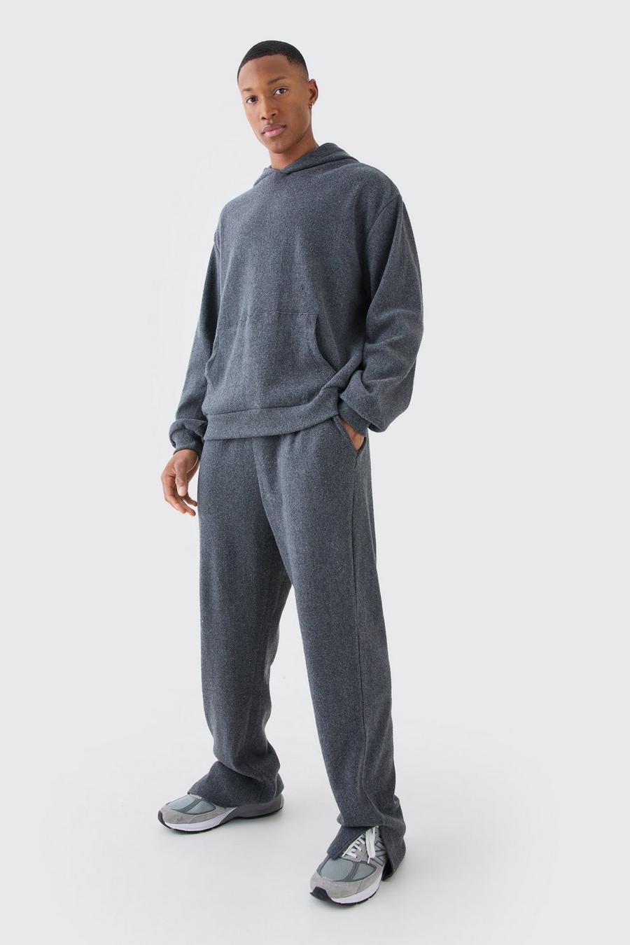 Charcoal Brushed Rib Ottoman Hoodie And Split Hem Jogger Tracksuit image number 1