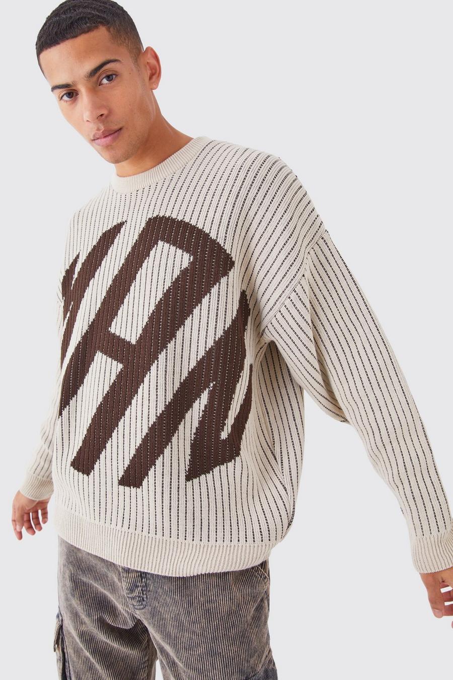 Stone Oversized Ribbed Knitted Crew Neck Jumper image number 1