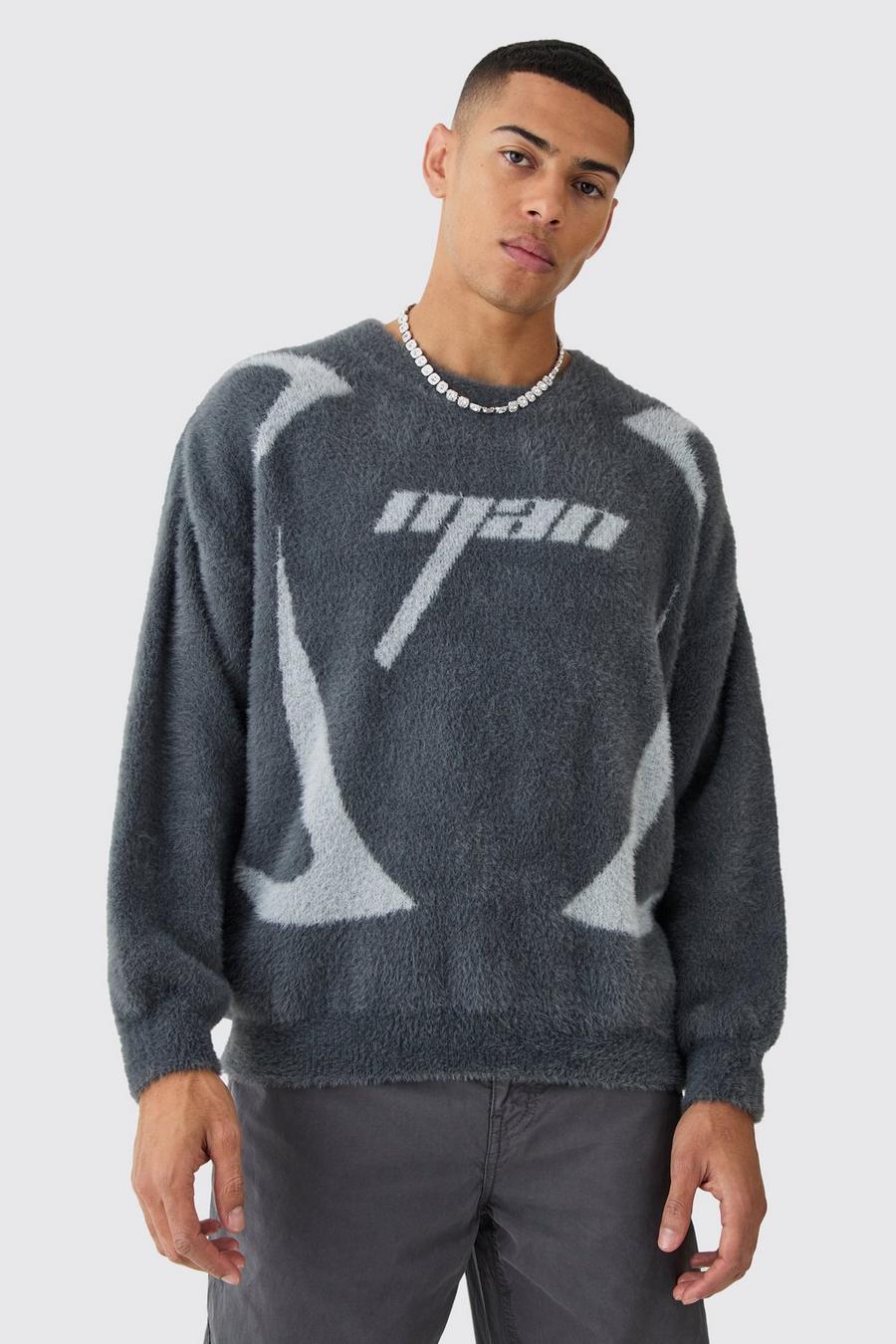Charcoal Fluffy Oversized Moto Knit Crew Neck Sweater image number 1