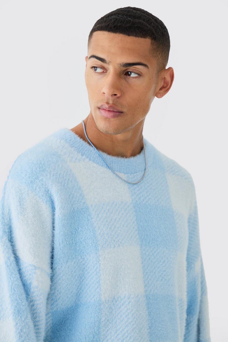 Kastiger flauschiger Rundhals-Pullover mit Karomuster, Light blue