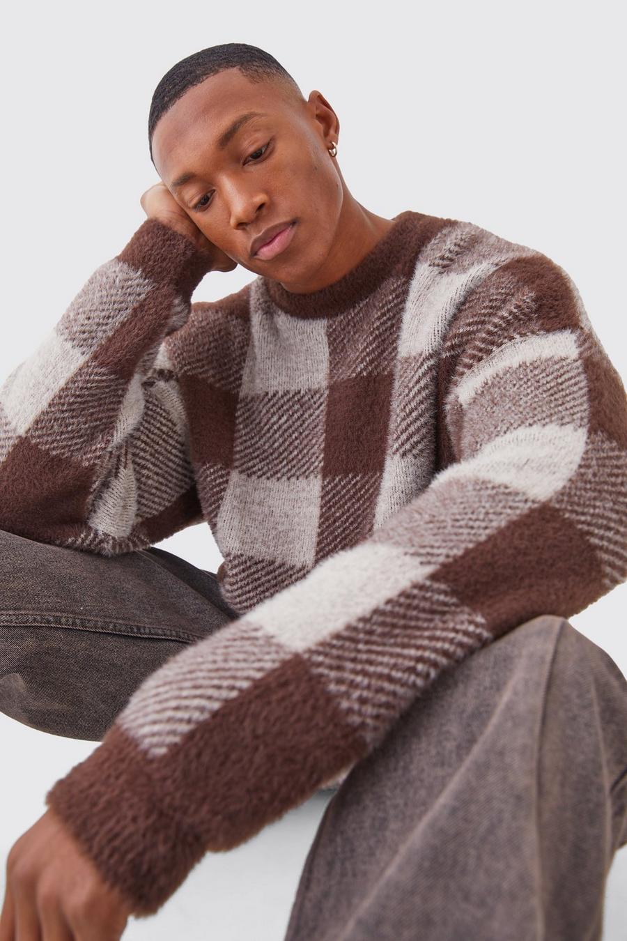 Chocolate Fluffy Check Knit Boxy Crew Neck Jumper image number 1