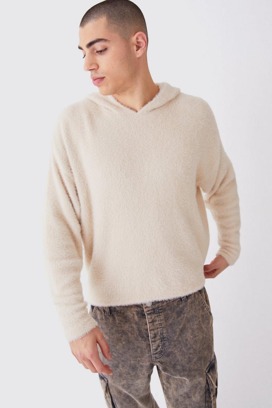 Stone Fluffy Knitted Boxy Hoodie