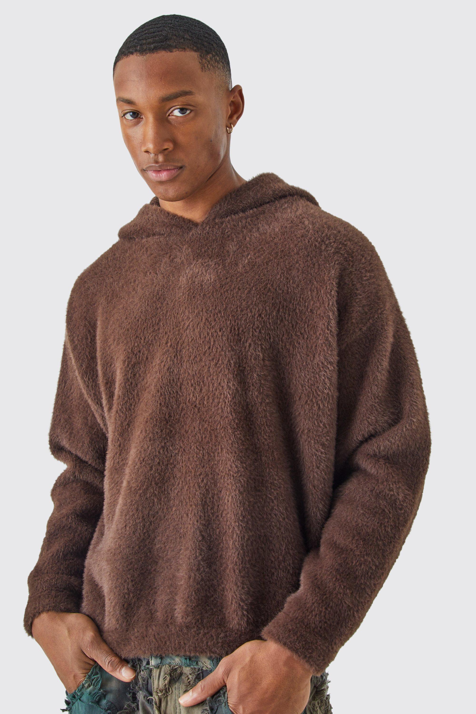 Brown fluffy hoodie sale