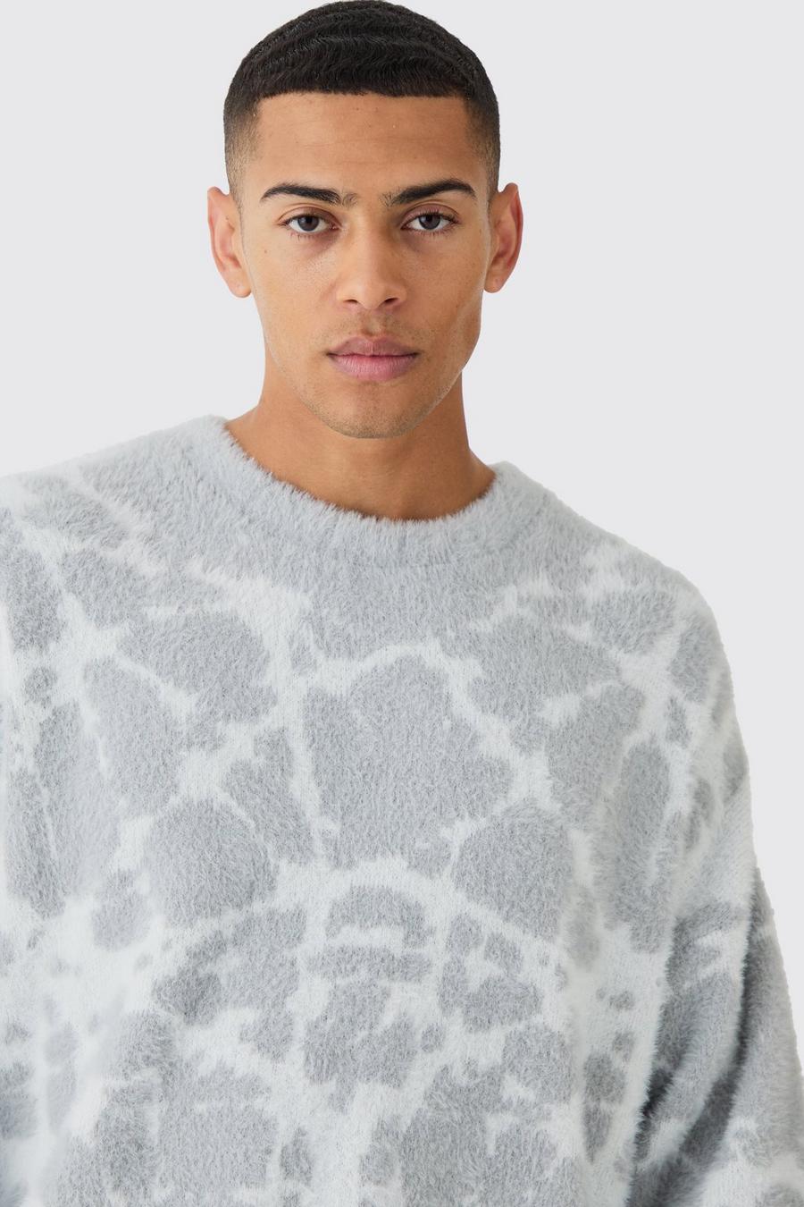 Light grey Fluffy Abstract Knitted Boxy Jumper image number 1