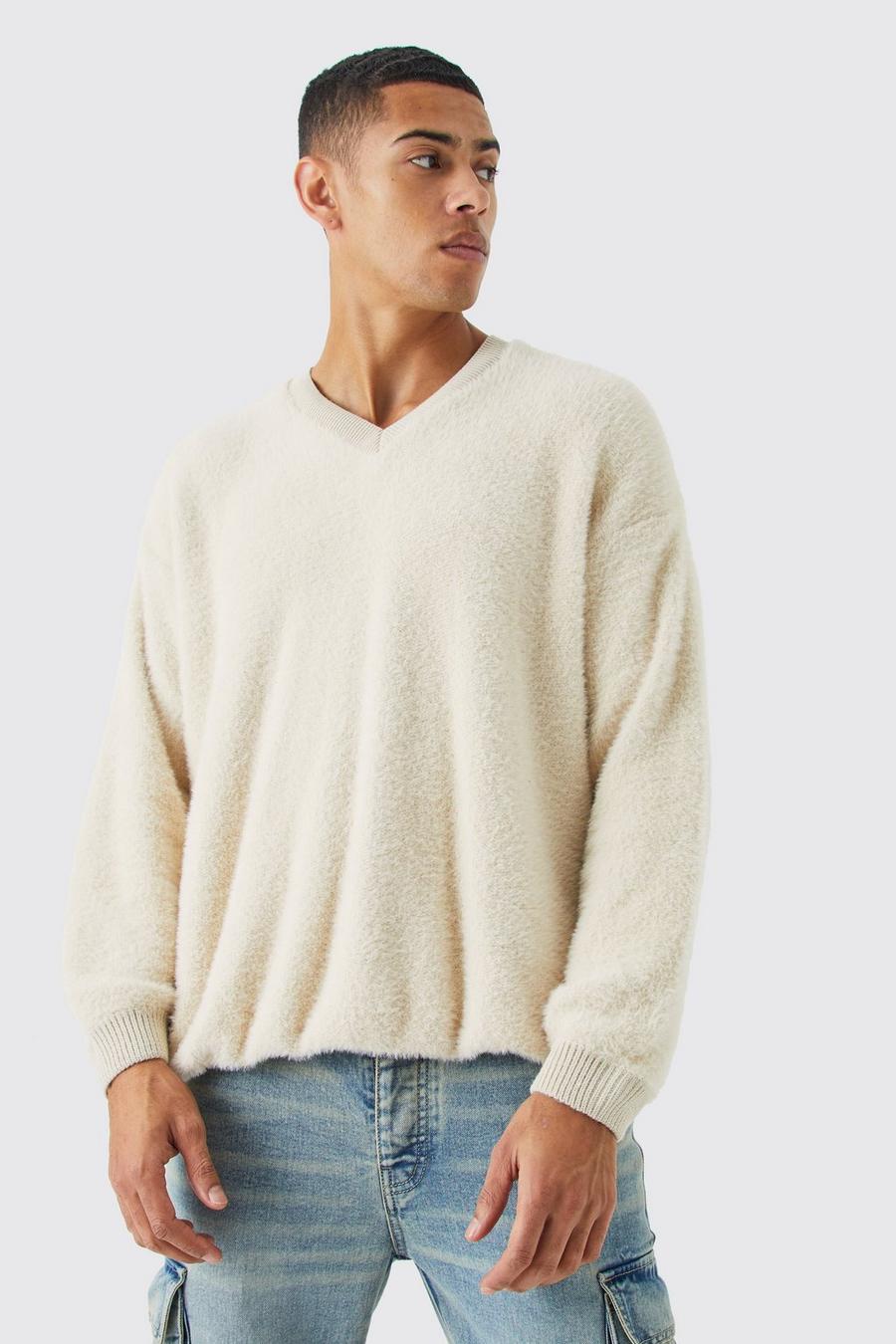 Stone Fluffy Contrast V Neck Boxy Sweater