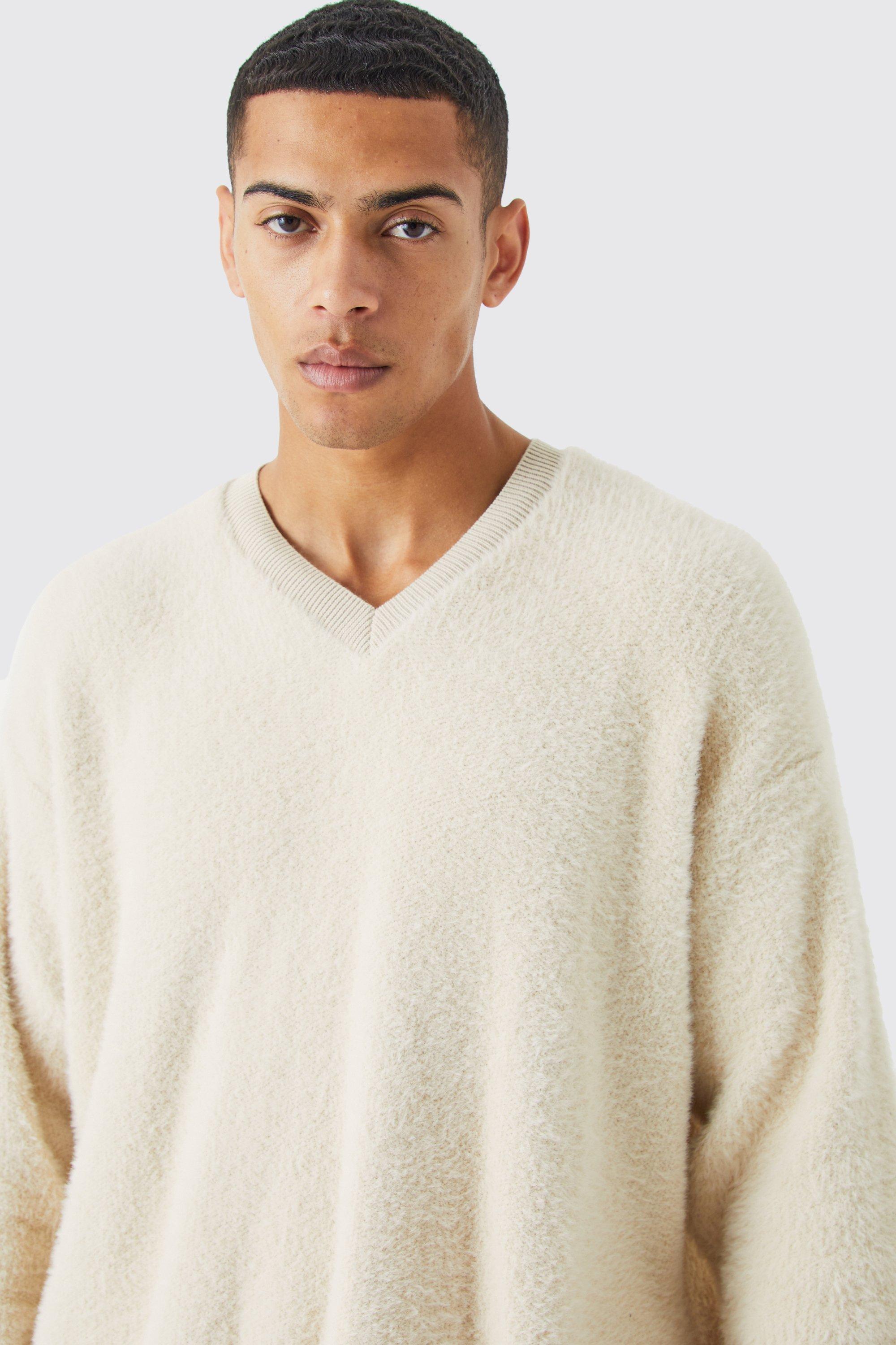 Kastiger flauschiger Kontrast Pullover mit V Ausschnitt