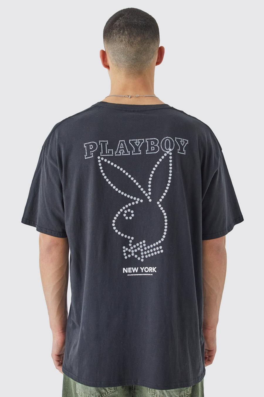 Camiseta oversize con estampado de Playboy e incrustaciones, Black image number 1
