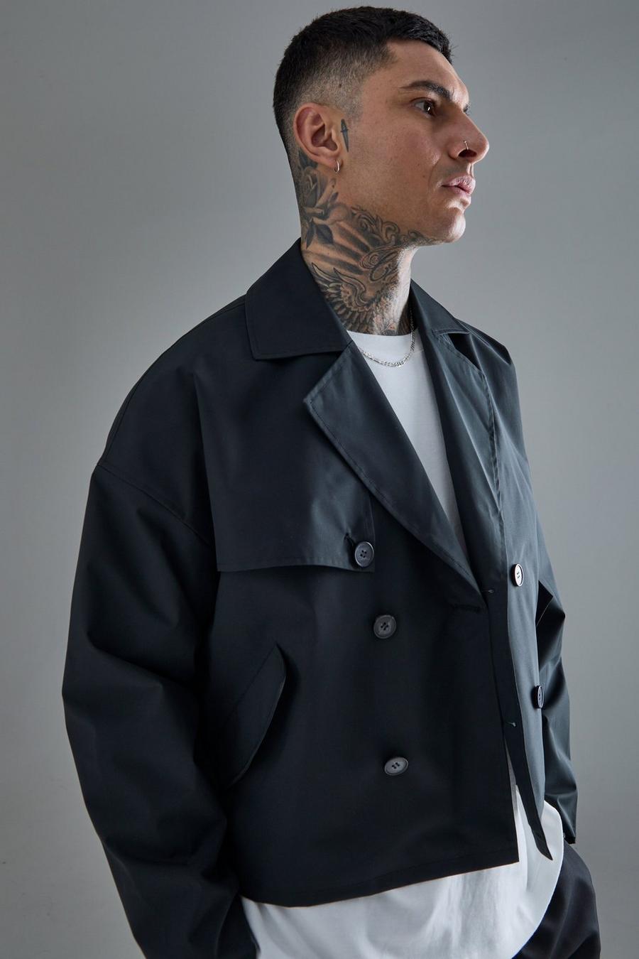Black Tall Cropped Double Breasted Trench Coat image number 1
