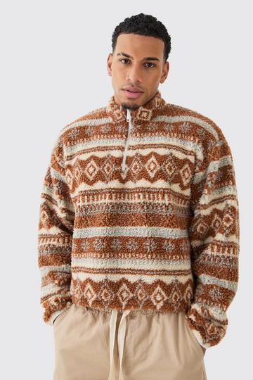 Borg Quarter Zip Aztec Shirt brown