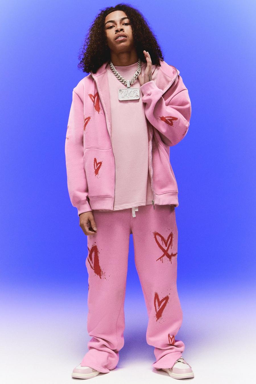 Oversize Trainingsanzug mit Reißverschluss und Herz-Print, Pink