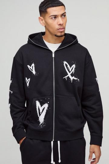 Oversized Heart Zip Through Hoodie black