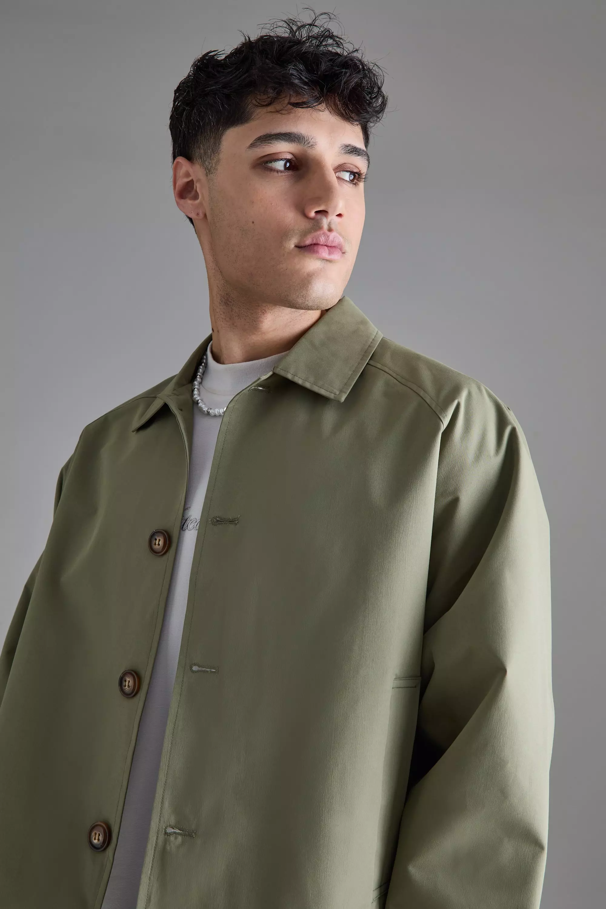 Khaki Boxy Oversized Trench Coat صورة بديلة