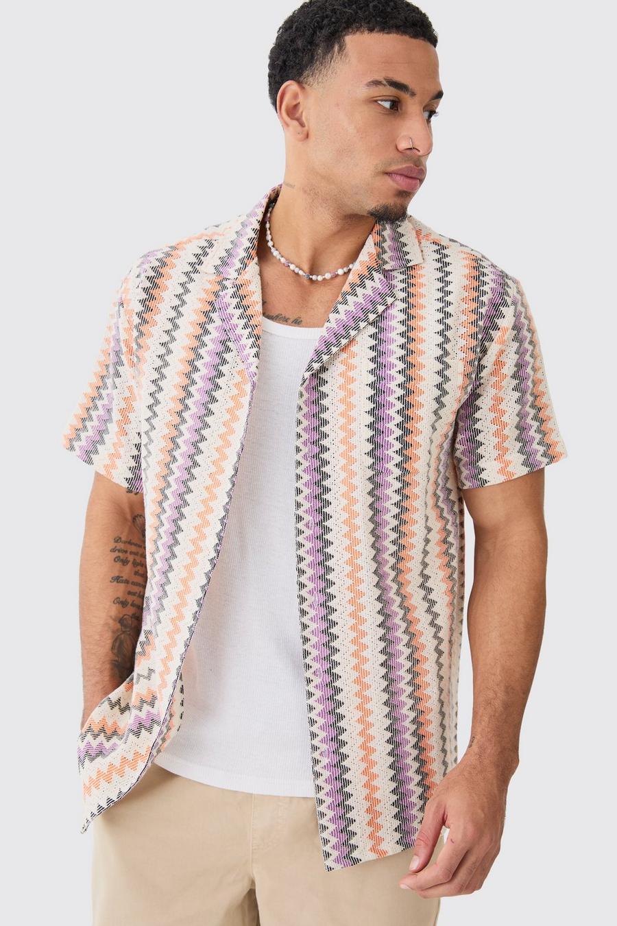 Multi Open Weave Striped Pocket Oversized breasted Shirt  image number 1