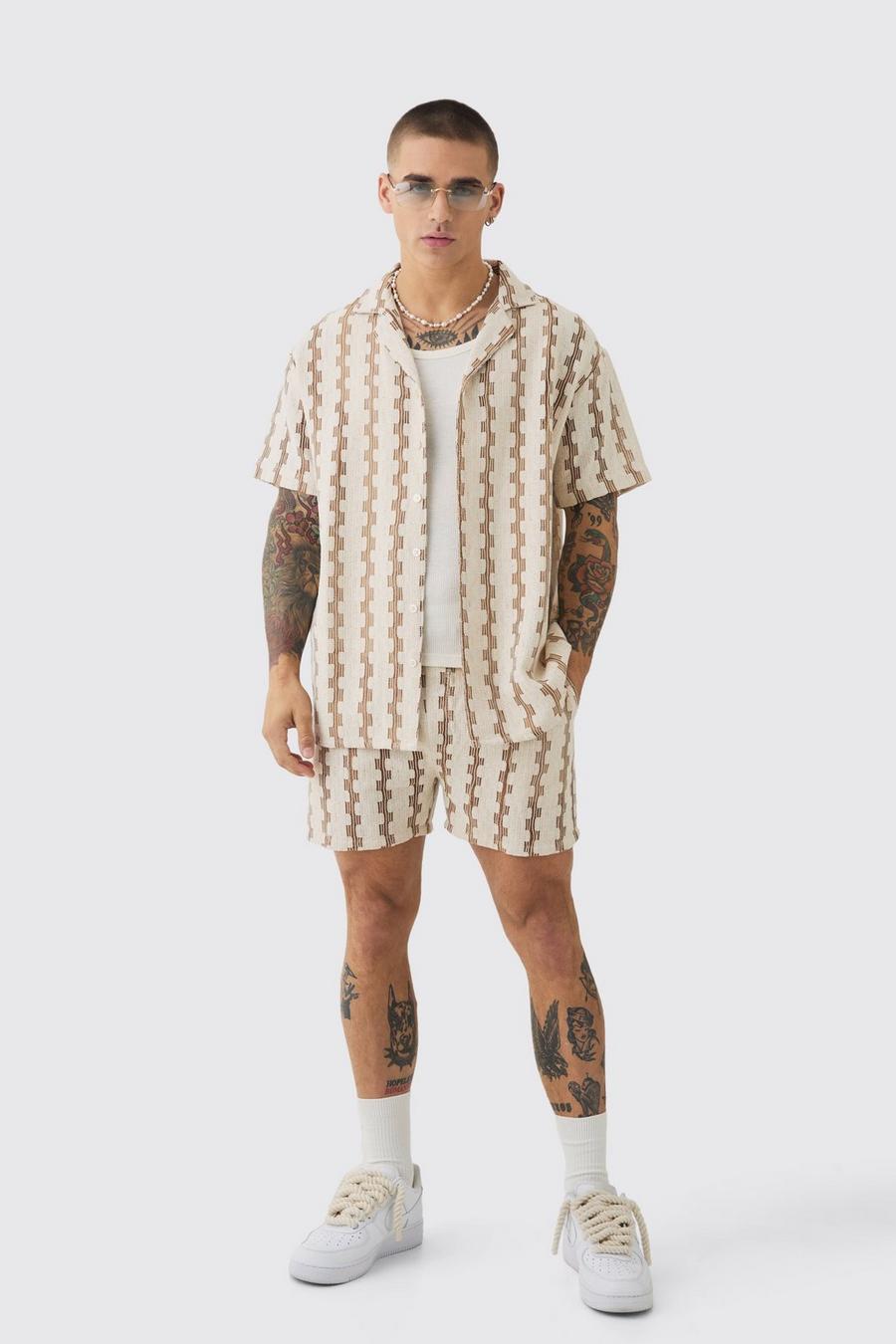 Stone Oversized Open Weave Geo Stripe Shirt And Short  image number 1