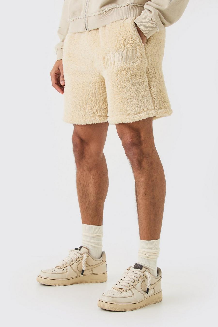 Tan Loose Fit Mid Length Borg Embroidered Shorts image number 1