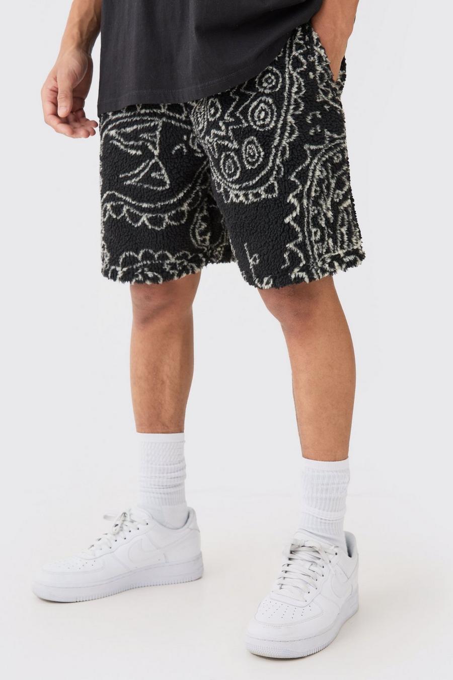 Lockere mittellang Borg-Shorts mit Bandana-Print, Black