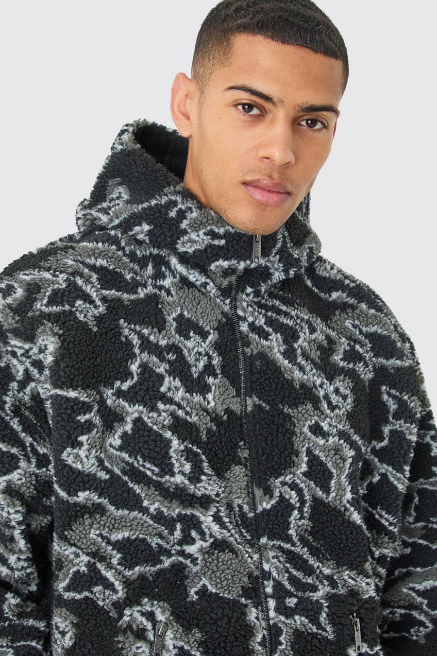 Black Oversized Boxy Zip Through Abstract Printed Borg Hoodie image number 1