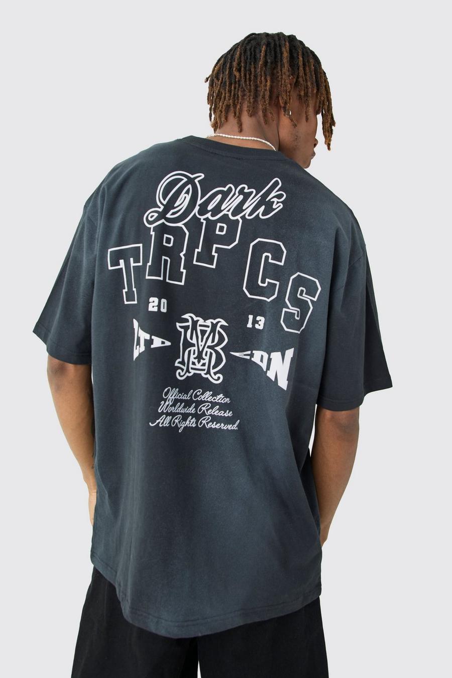 Black Tall Oversize mönstrad t-shirt med tvättad effekt image number 1