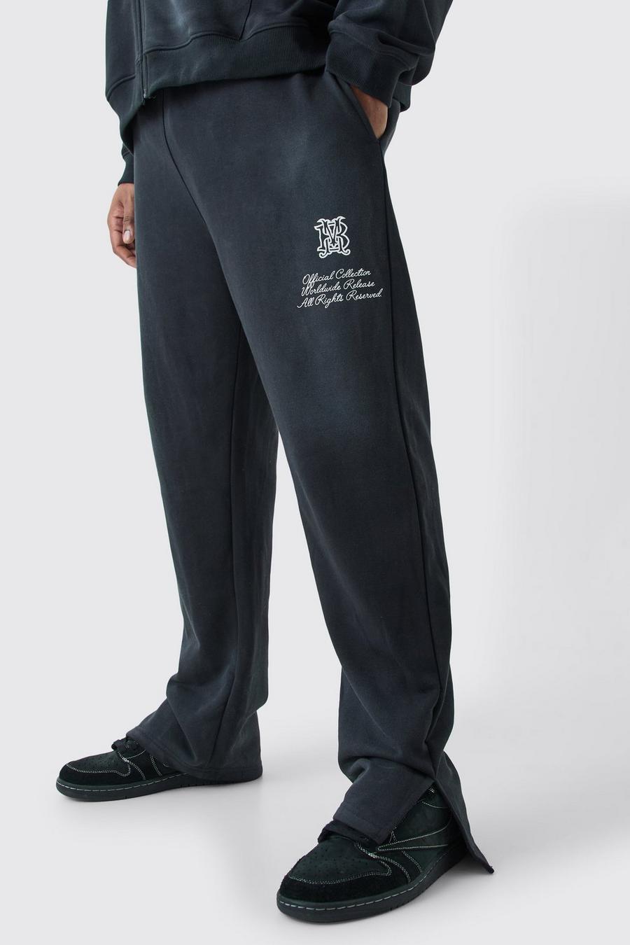 Pantalón deportivo Plus de tela rizo con abertura lateral y lavado a la piedra, Black