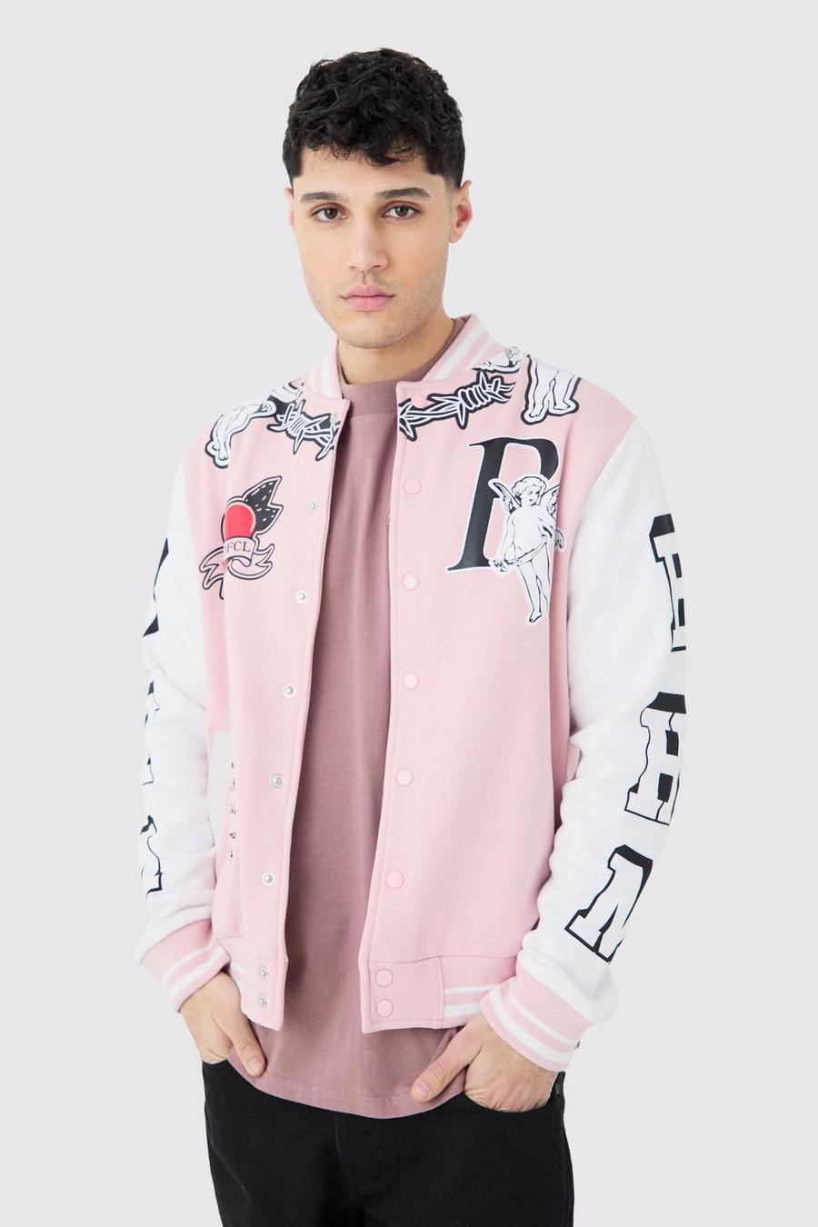 Giacca oversize in jersey Limited stile Varsity, Pastel pink image number 1