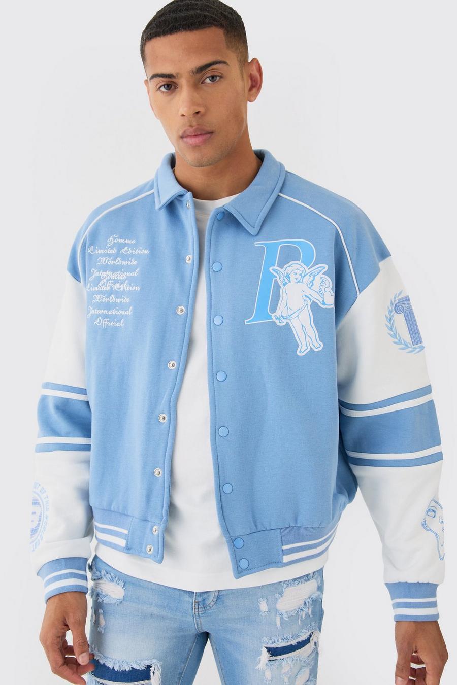 Boxy 13 Applique Jersey Varsity Harrington Jacket, Dusty blue