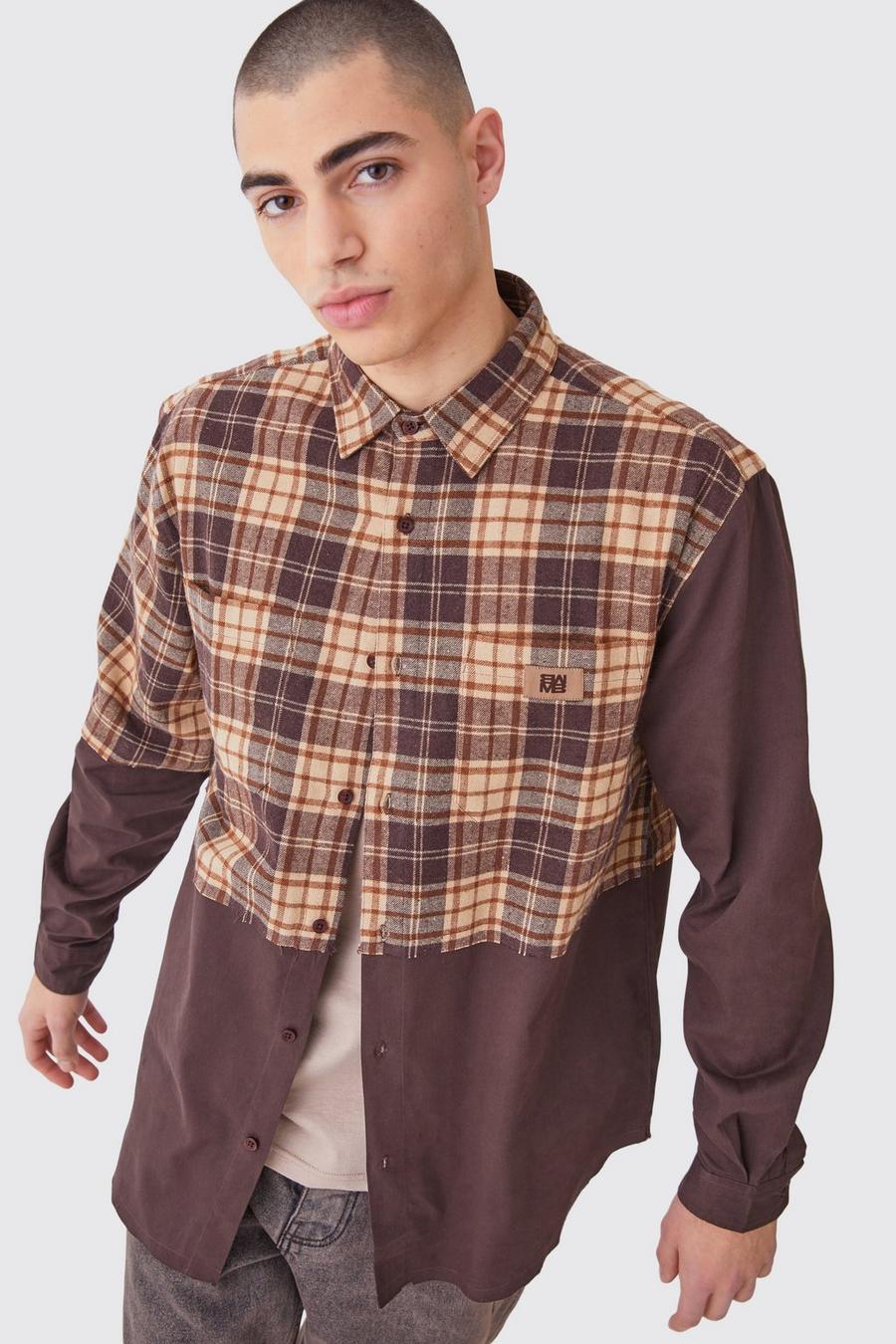 Brown Oversized Twill Spliced Check Overshirt image number 1