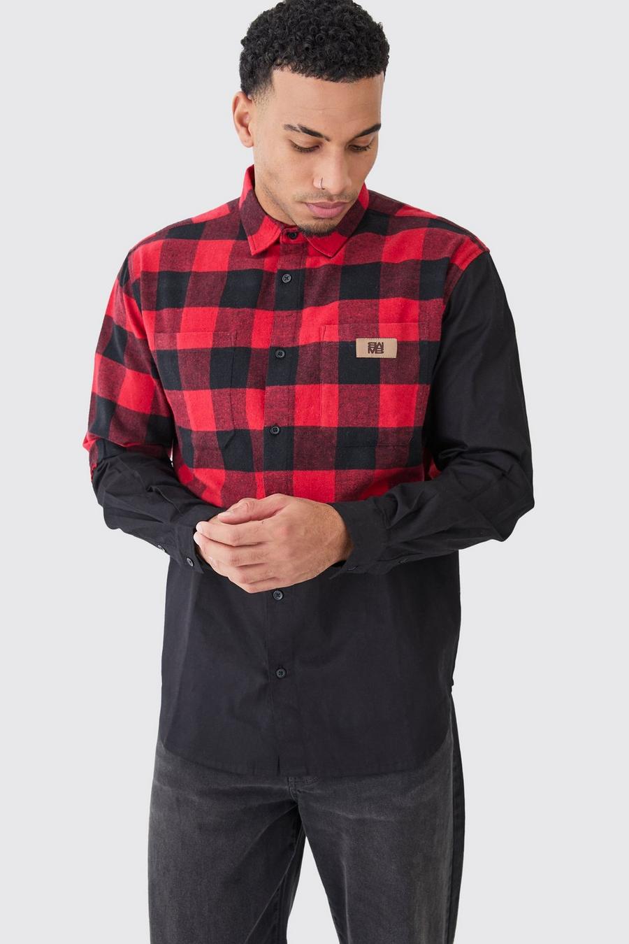 Red Oversized Twill Spliced Check Overshirt image number 1