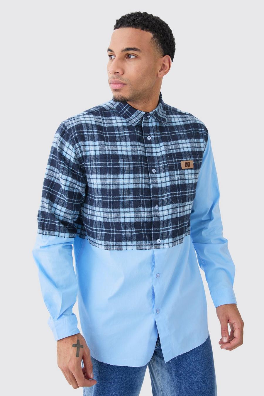Pale blue Oversized Twill Spliced Check Overshirt image number 1