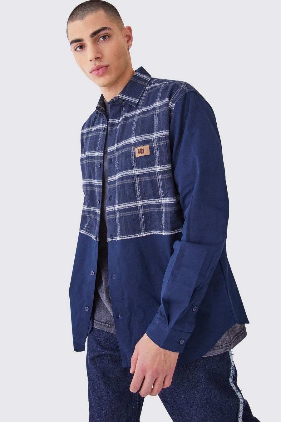 Blue Oversized Twill Spliced Check Overshirt image number 1