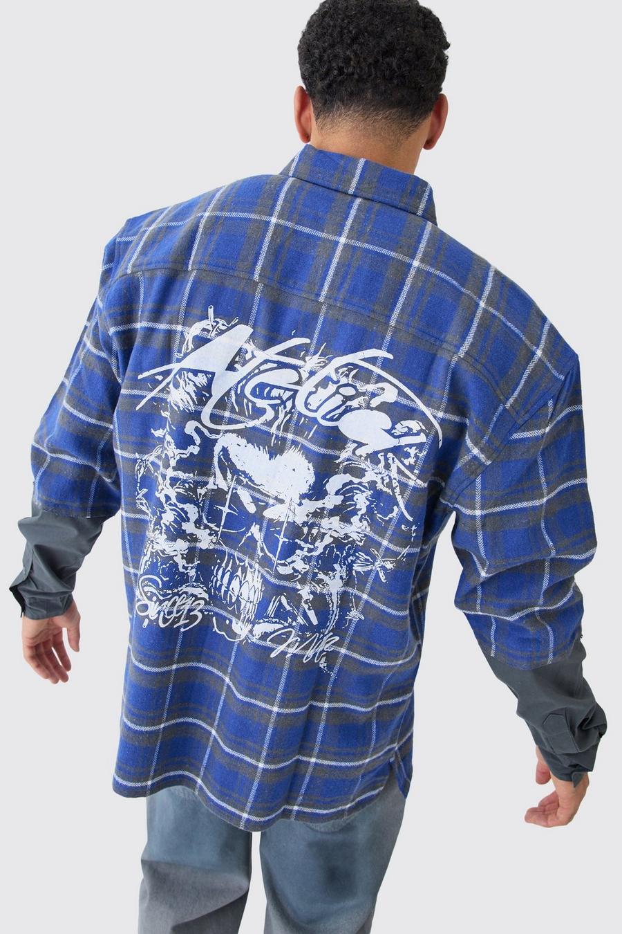 Sobrecamisa recta de tela jersey con capa falsa y estampado de cuadros, Blue image number 1