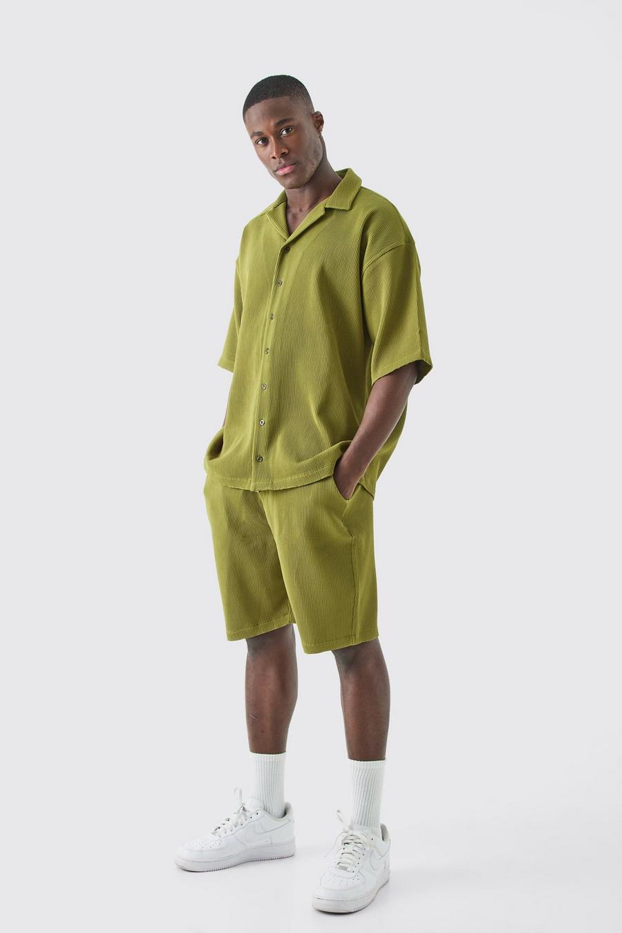 Pantalón corto y camisa oversize plisada, Khaki image number 1