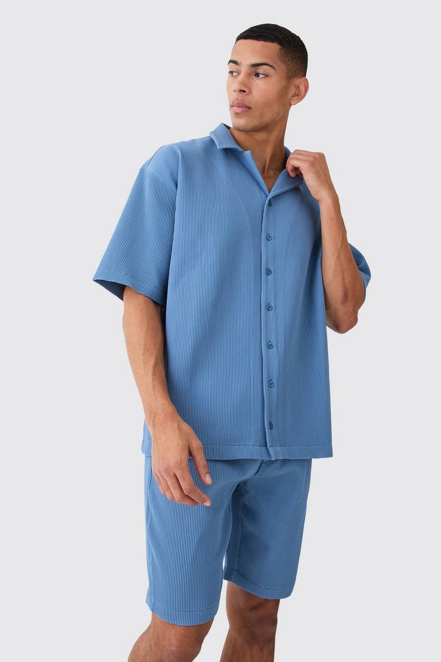 Blue Oversized Pleated Shirt And Short
