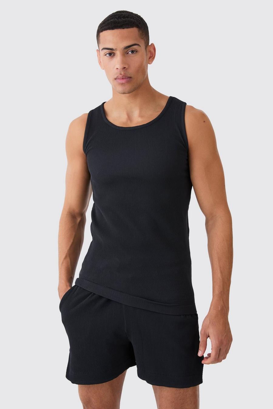 Pantalón corto y top sin mangas plisado ajustado al músculo, Black image number 1