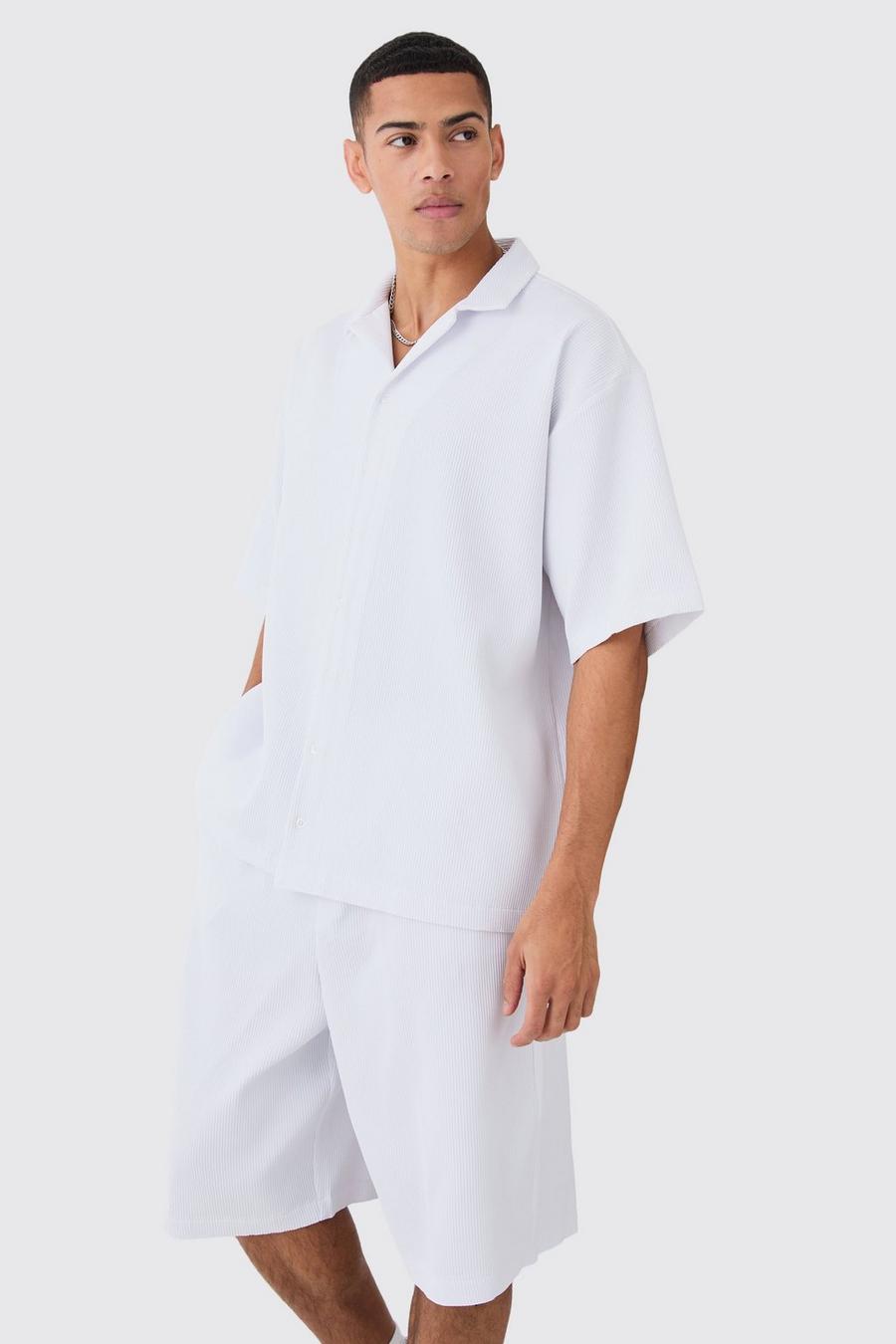 Conjunto de pantalón corto y camisa recta oversize plisada, White image number 1