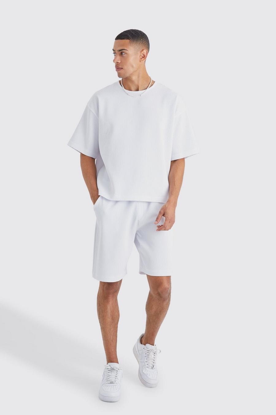 Conjunto de pantalón corto y camiseta recta oversize plisada, White image number 1