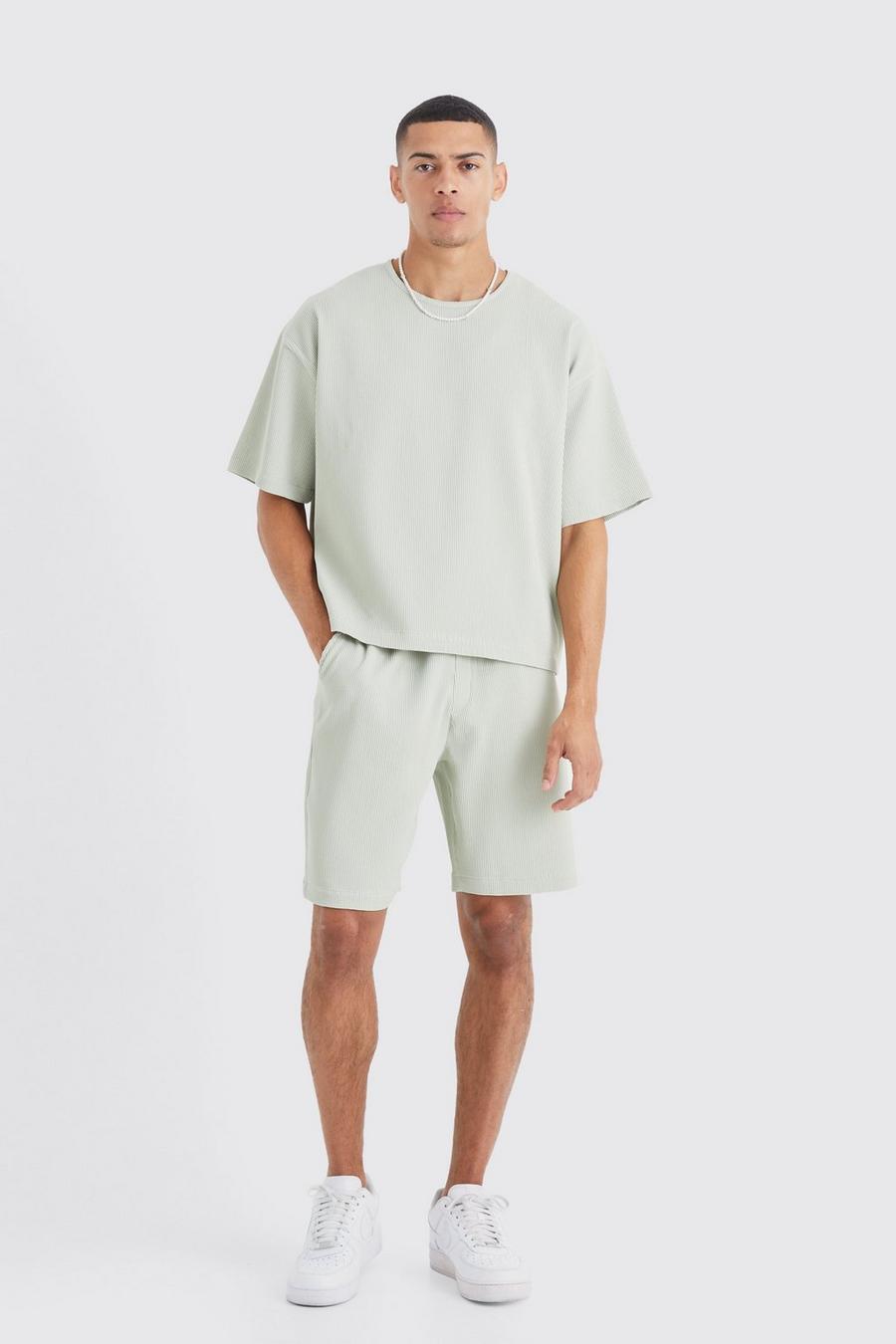 Sage Oversized Geplooid Overhemd En Shorts Set