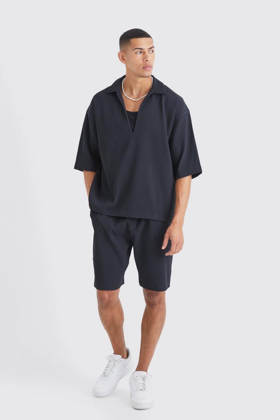 Black Geplooid Overhemd Met V-Hals En Shorts Set image number 1