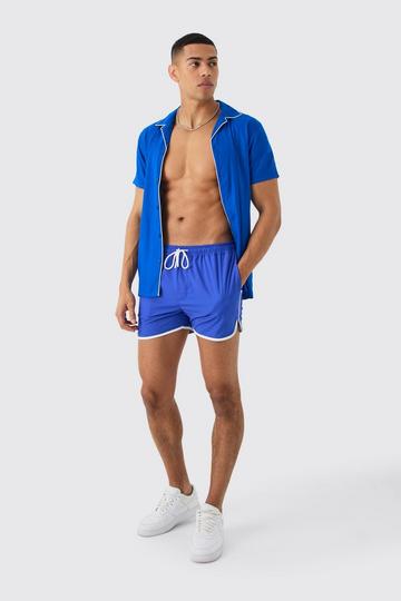 Short Sleeve Plain Piping Shirt & Swim Set blue