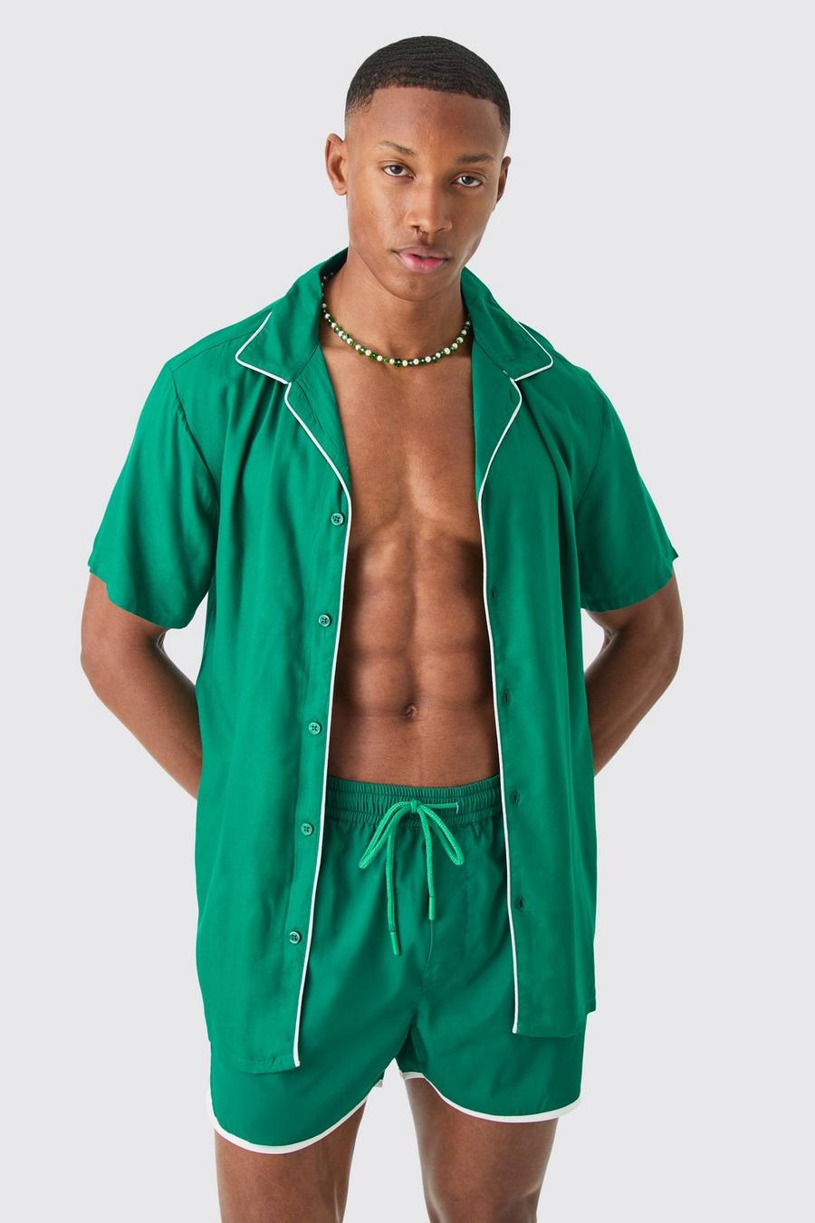 Green Short Sleeve Plain Piping Shirt & Swim Set image number 1