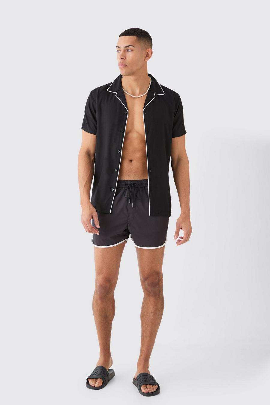 Black Short Sleeve Plain Piping Shirt & Swim Set