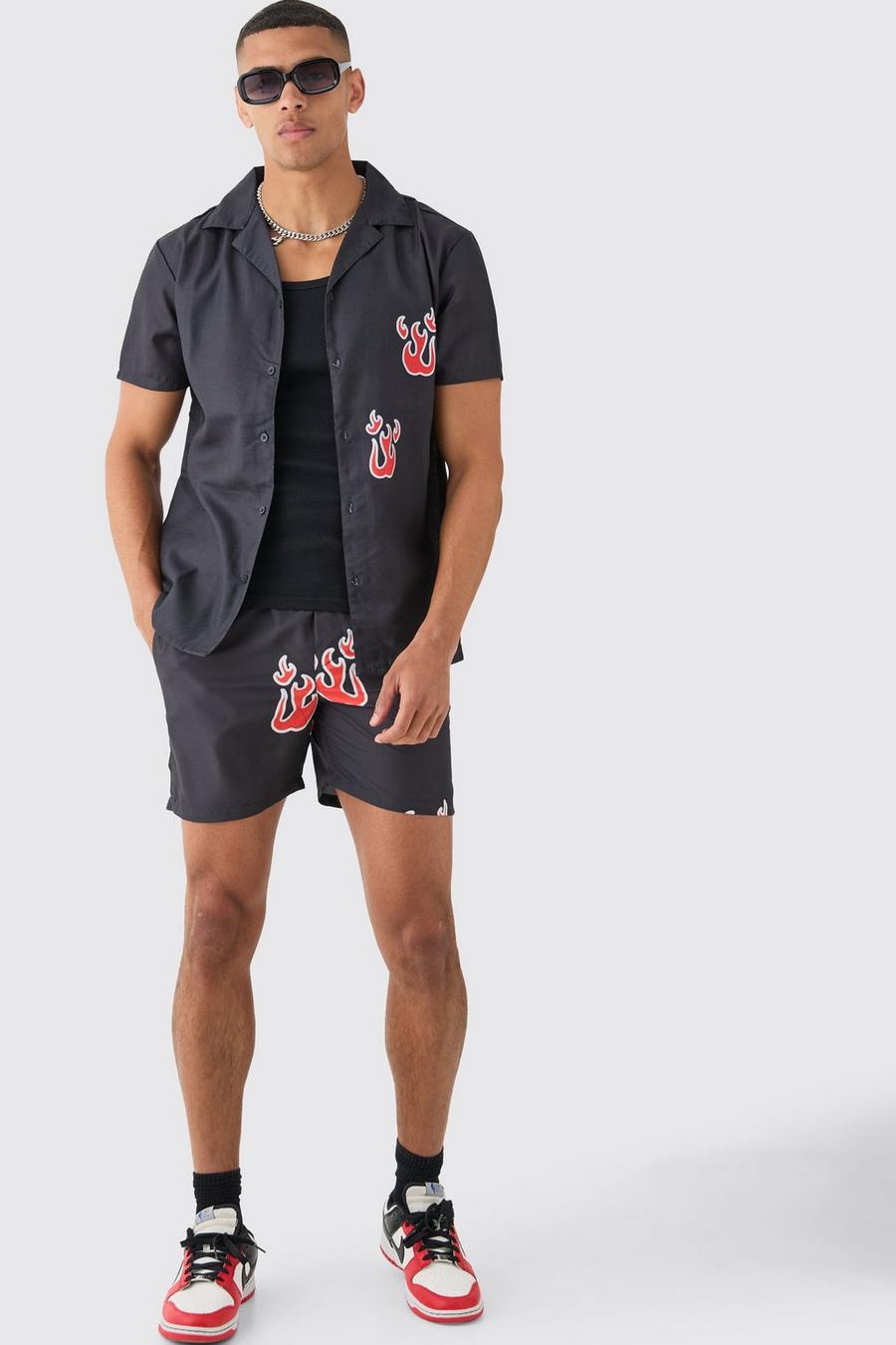 Black Short Sleeve Flame Shirt & Swim Set image number 1