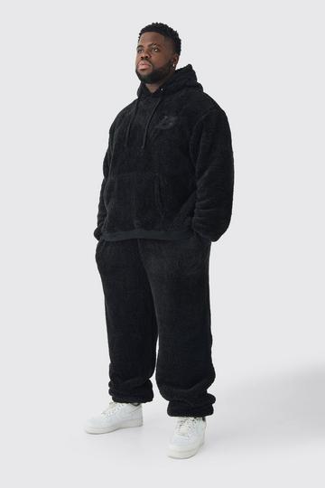 Black Plus Oversized Borg Embroidered Hooded Tracksuit