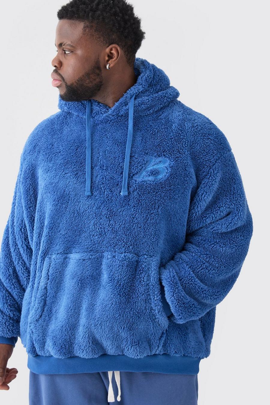 Blue Plus Oversized Embroidered Borg Hoodie image number 1