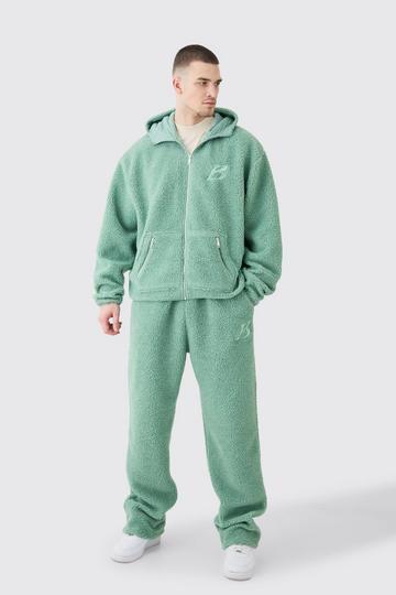 Tall Oversized Boxy Zip Through Borg Embroidered Hooded Tracksuit teal