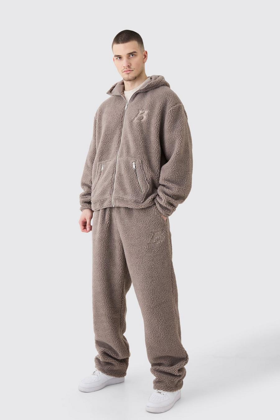 Tall - Sweat à capuche oversize zippé et pantalon de survêtement brodé, Taupe image number 1