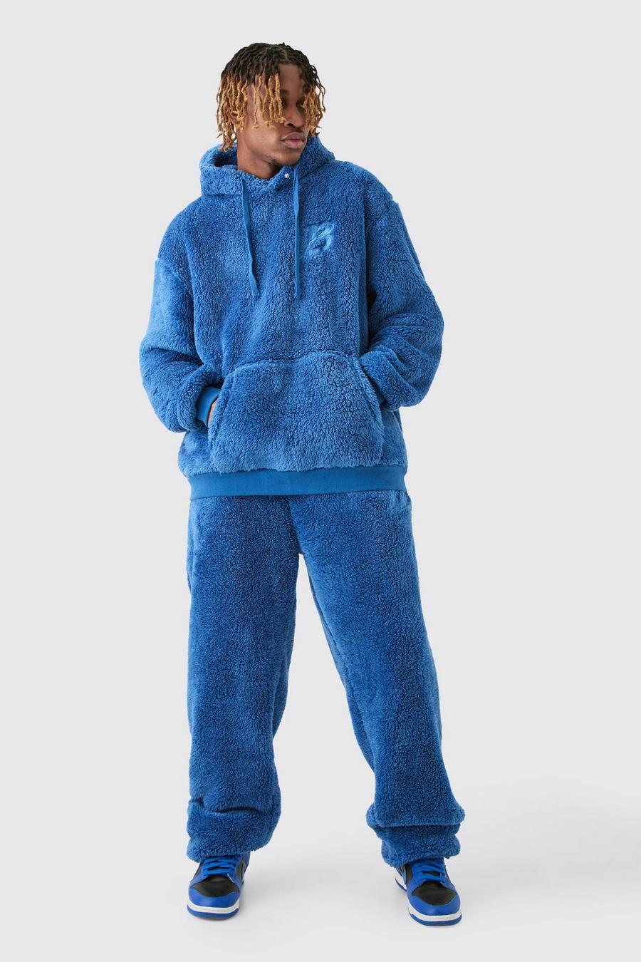 Blue Tall Oversized Borg Embroidered Hooded Tracksuit image number 1